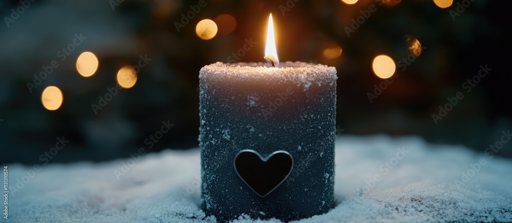 Aufkleber warm christmas candle surrounded by snow with festive decorations and soft bokeh lights creating a c