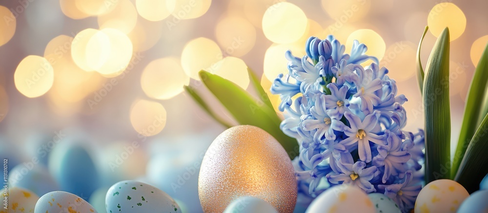 Aufkleber Spring flowers with hyacinths and colorful Easter eggs on a soft bokeh background for festive decoration and holiday celebration concepts.