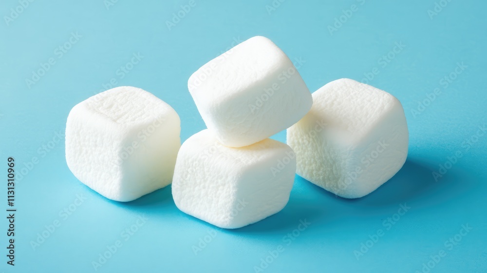 Aufkleber Freshly arranged square marshmallows stacked on a vibrant blue background creating a playful and inviting confectionery atmosphere.