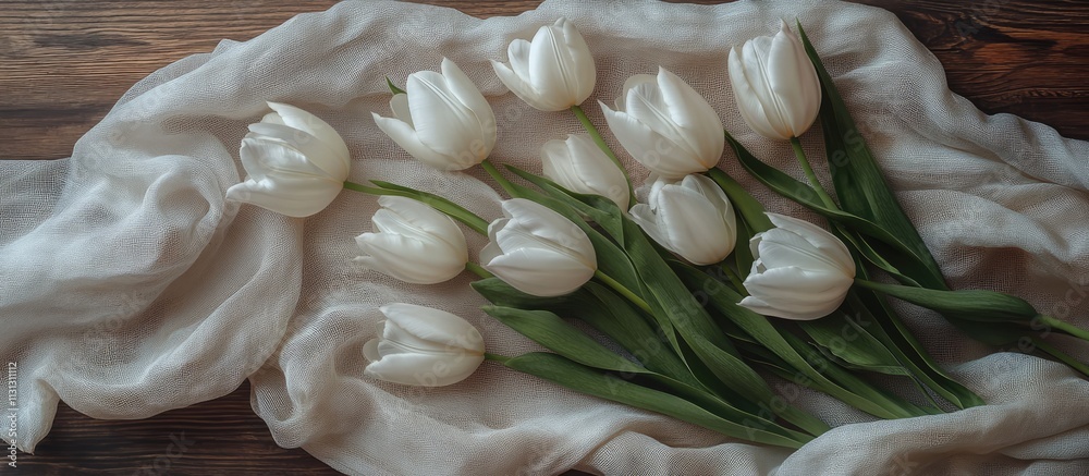 Poster Elegant white tulips arranged on soft fabric with rustic wooden table in a spring flat lay celebrating Easter and the arrival of springtime.