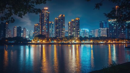 Obraz premium Skyline of illuminated skyscrapers beside a river at night reflecting colorful lights and creating a serene urban atmosphere