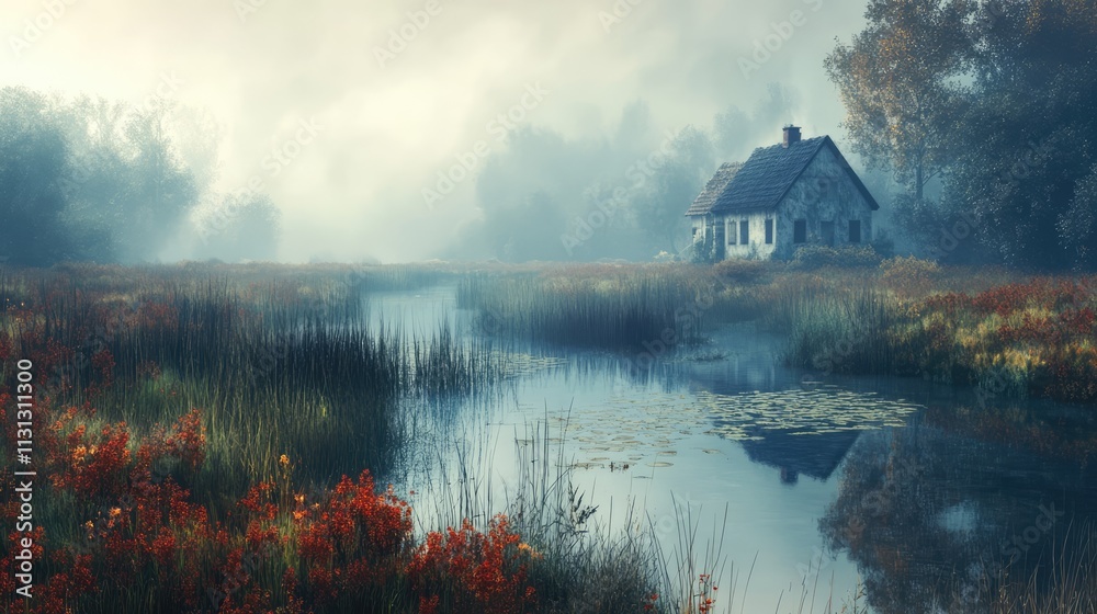 Poster serene marsh landscape with a quaint house surrounded by colorful foliage and misty waters creating 