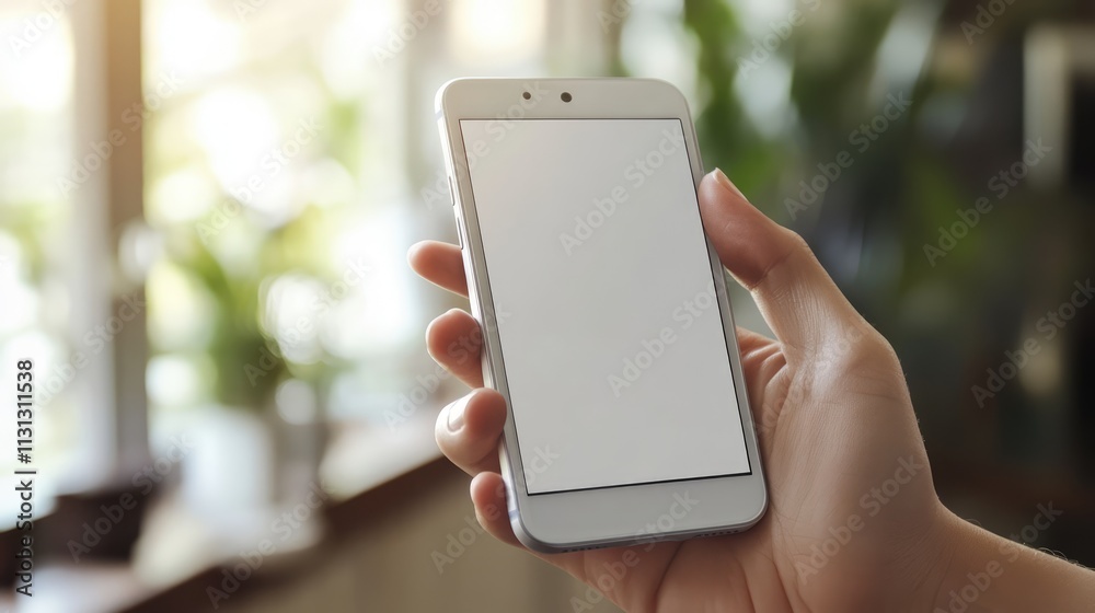 Poster hand holding smartphone showcasing blank screen for mobile app design usability testing in a modern 