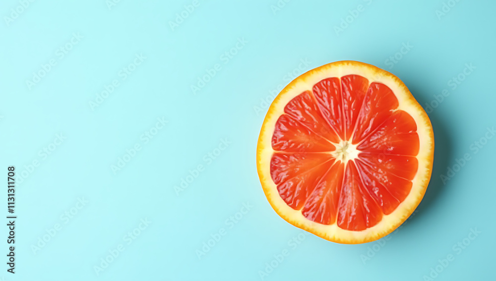 Poster A vibrant red orange slice is placed on a calming blue background for a refreshing food and drink concept._00001_