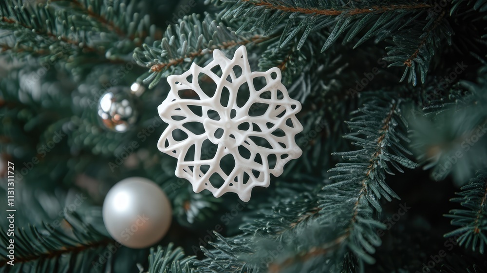 Poster christmas tree decorated with ornaments and a white snowflake on spruce branches showcasing a festiv