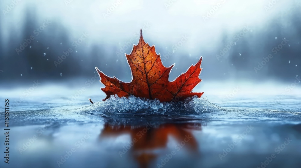 Poster autumn leaf frozen in ice with soft background and blurred nature scene