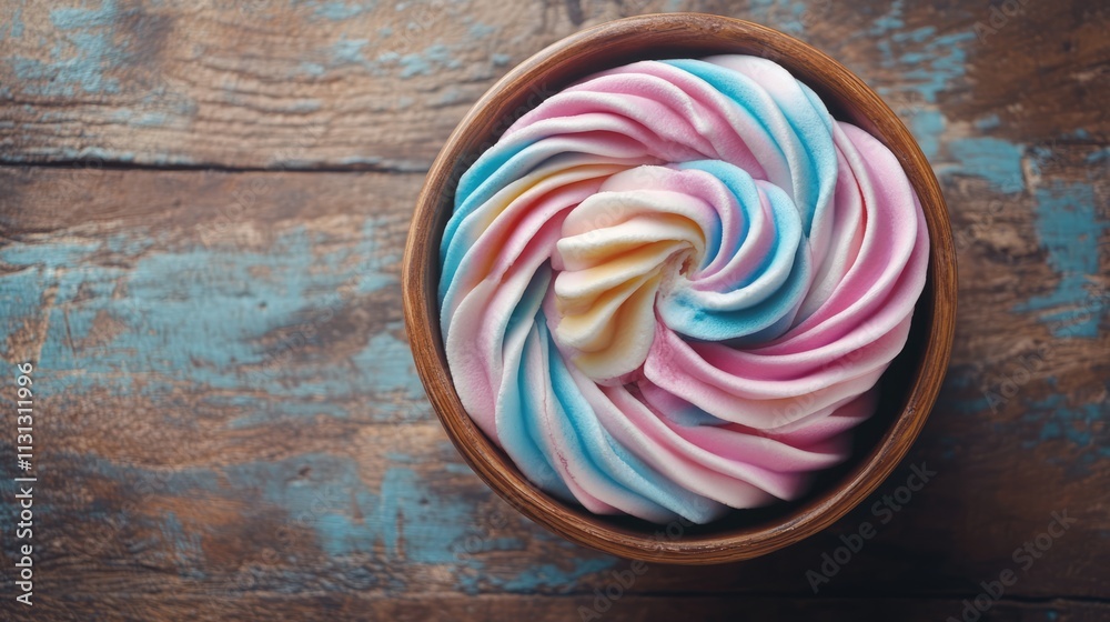 Aufkleber colorful handmade meringue swirled in a wooden bowl on a rustic table top view of a delightful desse