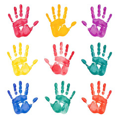 Fototapeta premium Kids' colorful hand prints in different paint colors isolated on white background, playful children’s art, vibrant creative expression for education and fun projects, bright paint marks and hand shape