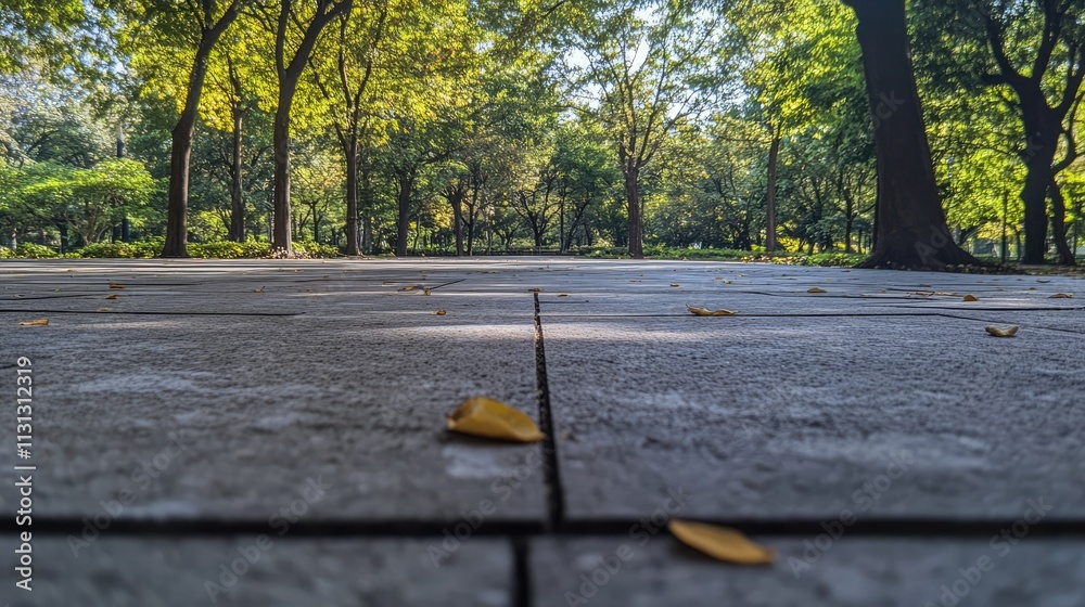 Poster leaf imprint on concrete pathway surrounded by lush green trees in a serene park setting during dayl