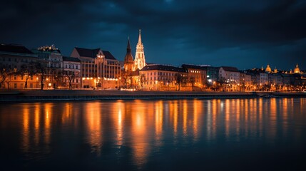 Obraz premium Nighttime cityscape with illuminated buildings reflecting in a calm river creating a serene urban atmosphere.