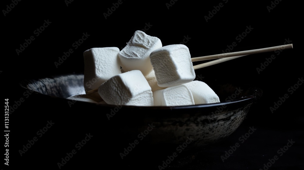 Poster festive white marshmallows piled in a bowl with skewers on a dark background ideal for baking or hol