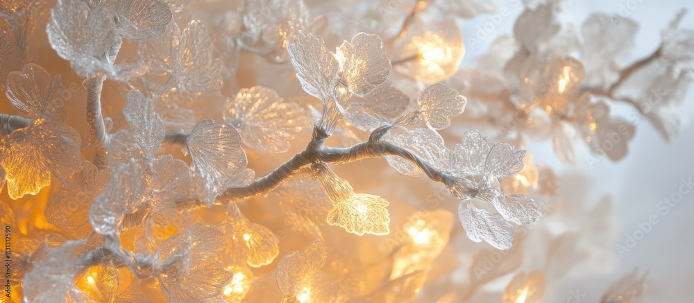 Poster illuminated white artificial tree branches with delicate leaves glowing softly in warm light for a s