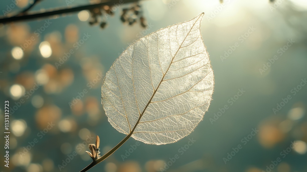 Poster delicate transparent leaf illuminated by sunlight on a fence with soft bokeh effect in the backgroun
