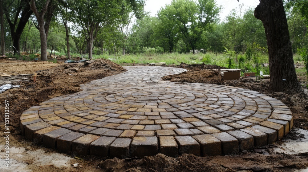 Poster Winding brick walkway design featuring a circular pattern in a landscaped garden setting