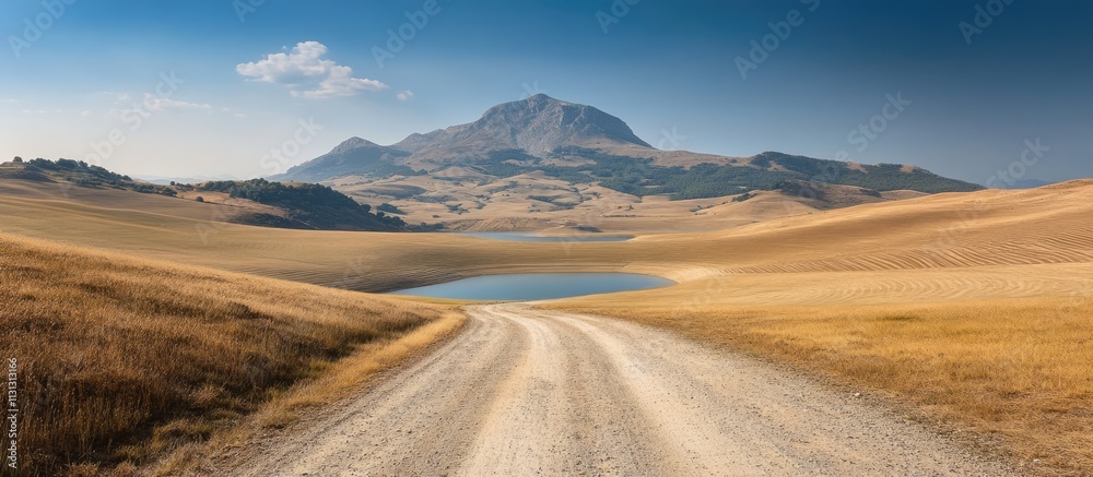 Poster scenic mountain landscape featuring a gravel path winding through golden fields with a tranquil rese