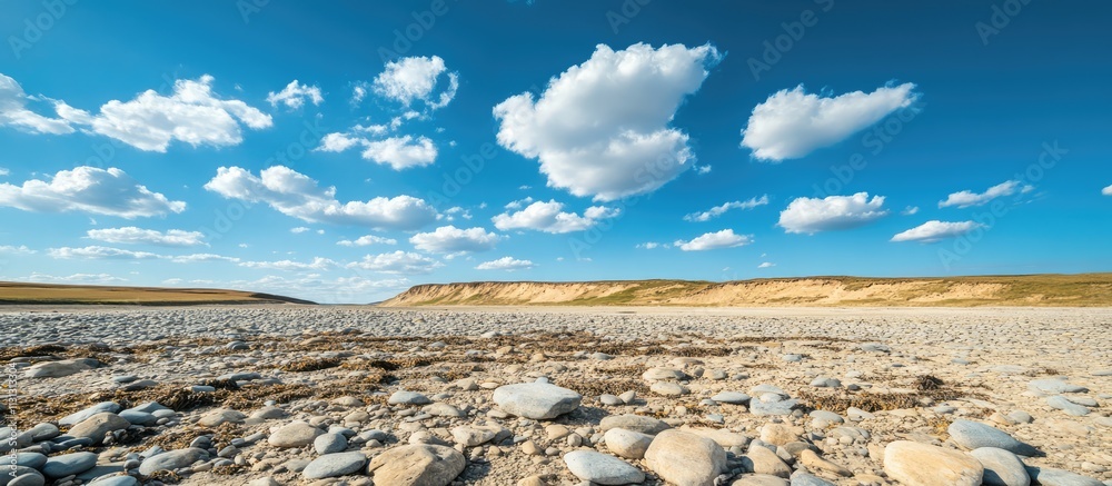 Poster expansive rocky beach landscape at low tide under a clear blue sky with fluffy white clouds creating