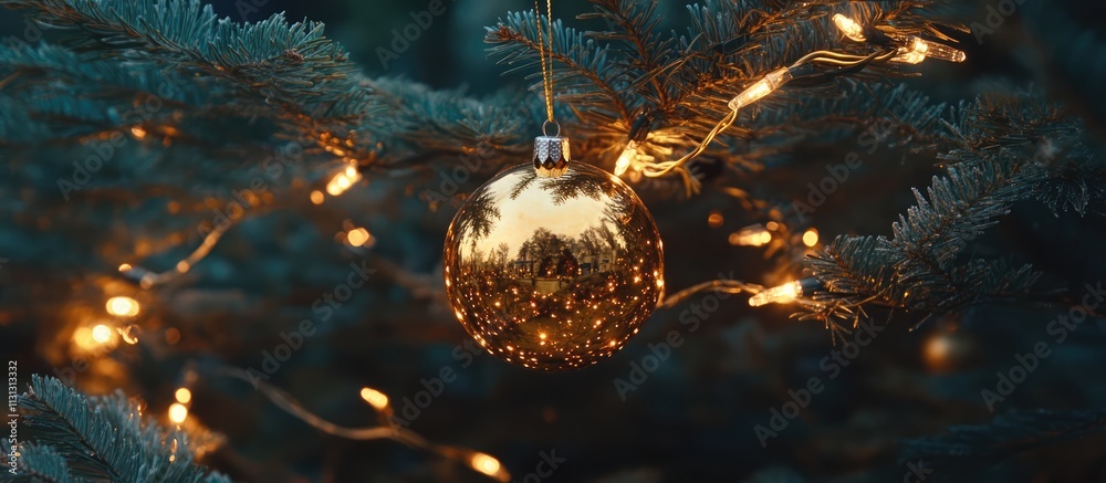 Poster golden christmas ornament hanging on a pine tree branch adorned with fairy lights creating a festive