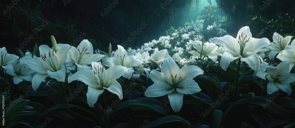 Poster lush white lilies blooming in a serene forest setting with soft sunlight filtering through the trees