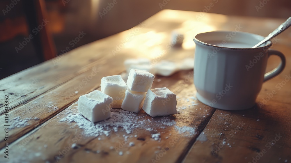 Poster cozy scene with marshmallows and warm beverage on a rustic wooden table inviting comfort and relaxat