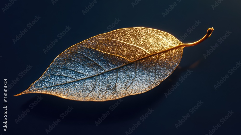 Poster Golden light on a textured leaf highlighting intricate details and patterns against a dark background showcasing nature's beauty.