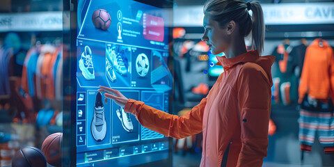  Female athlete exploring sports gear on interactive display, Shopper using digital wall to browse athletic items in store