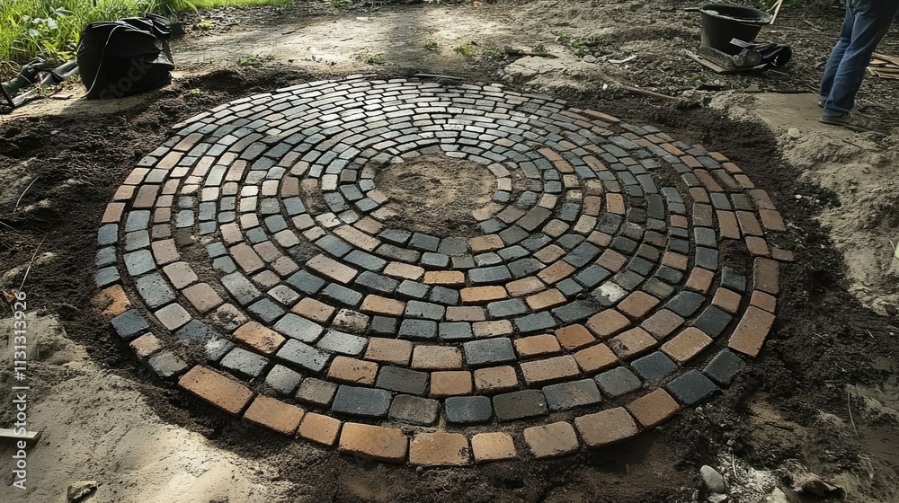 Aufkleber circular brick walkway design featuring a pattern of interlocking stones on a landscaped area ready 