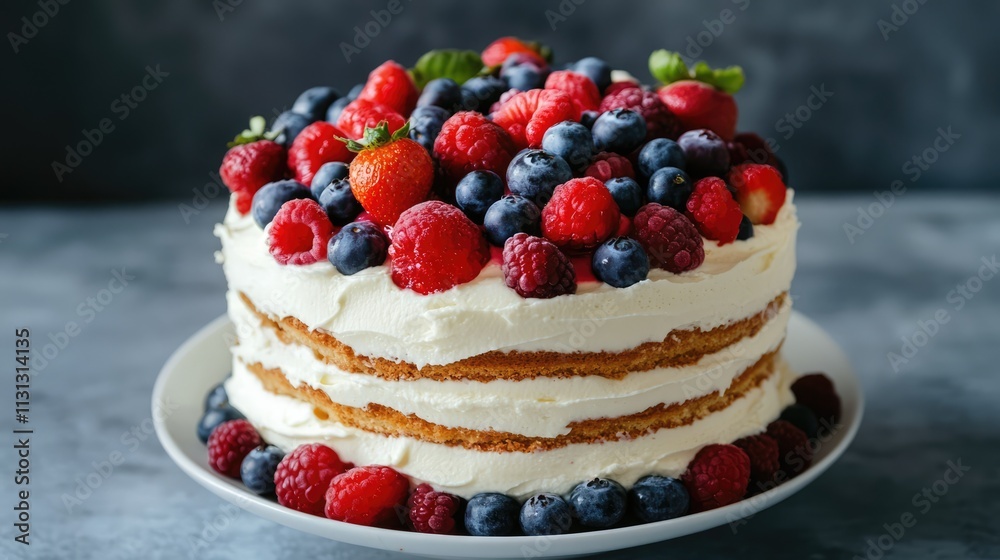 Poster layered berry dessert cake with cream frosting displayed on a white plate against a rustic backgroun