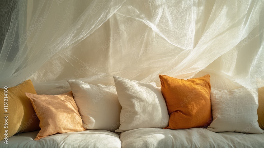 Poster Cozy couch adorned with numerous pillows and draped in a soft sheer veil creating a tranquil and inviting living space atmosphere