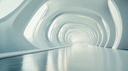 Fototapeta premium Futuristic empty interior design with bright white walls and smooth reflective floor creating an expansive atmosphere and ample copy space