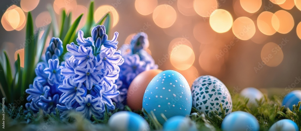 Poster Springtime hyacinths with colorful Easter eggs and bokeh background creating a festive and vibrant seasonal atmosphere
