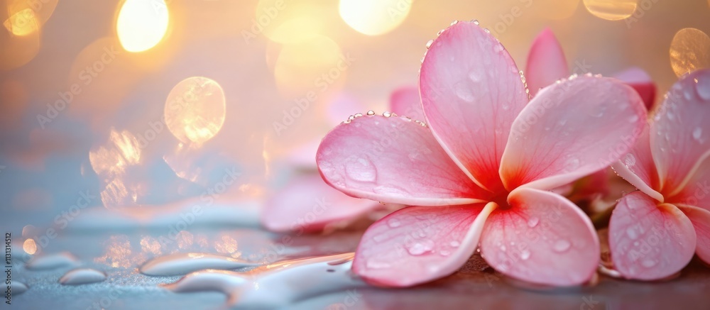 Aufkleber Delicate pink flowers with raindrops on a blurred background of warm bokeh lights creating a serene and tranquil atmosphere.