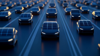 Obraz premium Futuristic highway filled with solar powered electric vehicles at dusk
