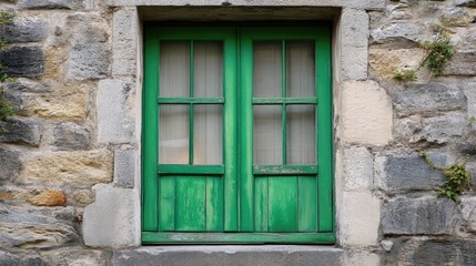 Charming rustic green window framed by weathered stone wall with natural textures and vibrant colors enhancing old-world appeal