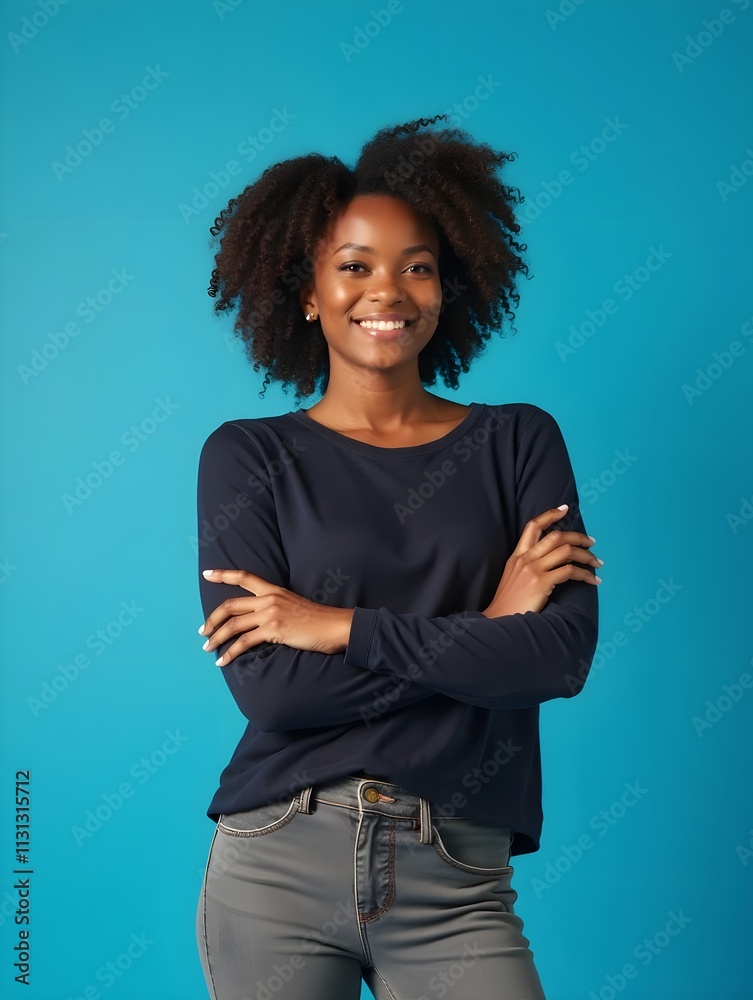 Poster Confident Black Lady Smiling Looking At Camera Crossing Hands Posing On Blue Studio Background. Free Space