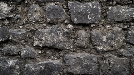 Textured weathered stone wall with coarse masonry in black and white showcasing crumbled vintage design and rustic rural charm