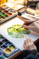 Caucasian young female watercolor painting green leaf with precision and skill.