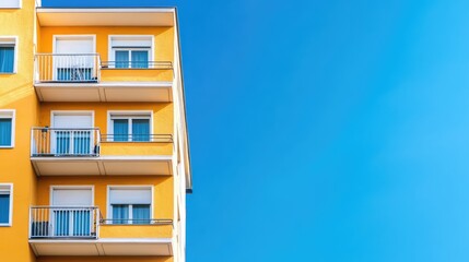 Bright yellow building facade with balconies under a clear blue sky creating a vibrant urban aesthetic.