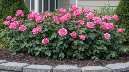 Fototapeta premium Vibrant blooming hybrid tea roses enhancing urban landscapes with beauty and fragrance in a lush garden setting