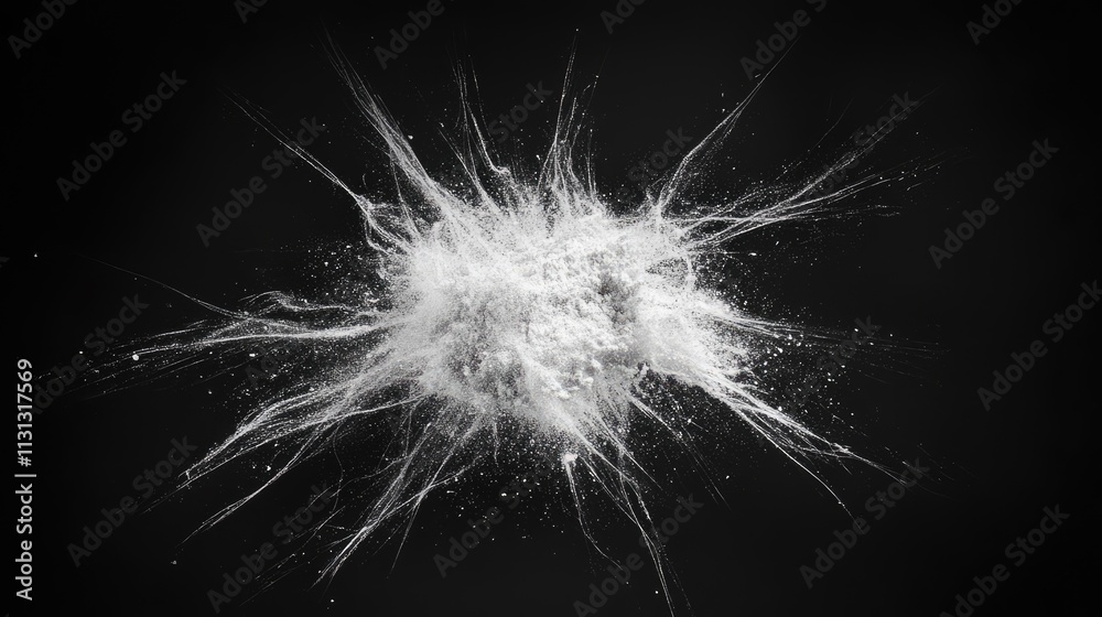 Poster dynamic explosion of white powder particles on a deep black backdrop creating an abstract dust textu