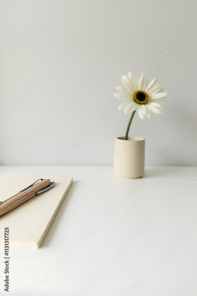 Poster A simple home office scene features a desk with a pen holder and a single flower on a clean white surface._00004_
