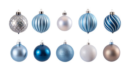 blue silver decorations balls New Year isolated on white background.AI GENERATED