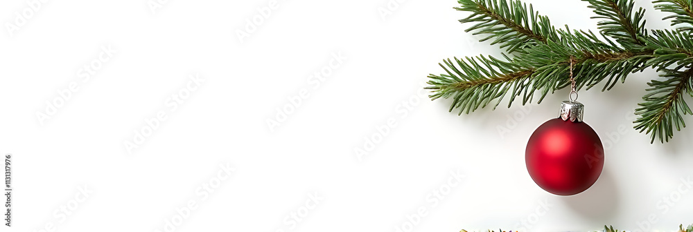 Poster A simple Christmas decoration idea features a pine branch with a red ball ornament on a white background setting._00001_