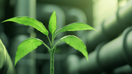 Fototapeta premium vibrant green plant thriving amidst industrial pipes, symbolizing resilience and life