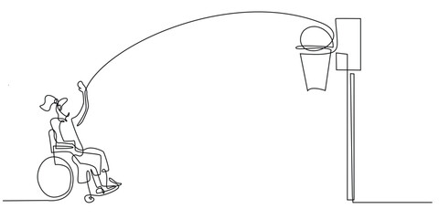 Fototapeta premium continuous line drawing of a woman sitting in a wheelchair throwing a basketball into a basket.one line drawing of a portrait of a disabled woman throwing a basketball.single line vector illustration