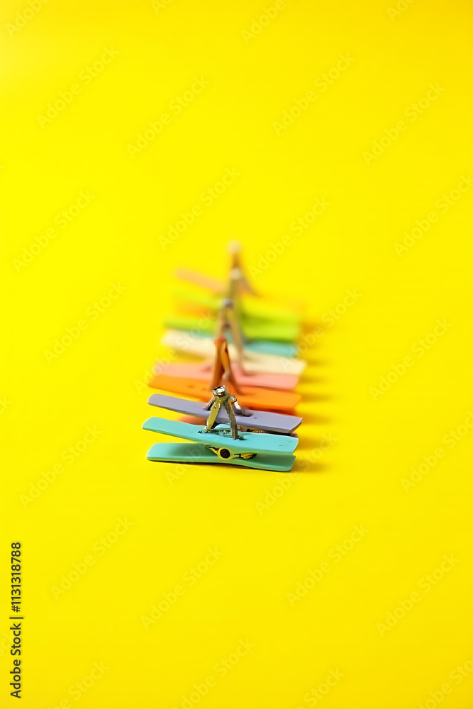 Poster A set of colorful clothespins are arranged in a neat row on a bright yellow colored background together._00003_