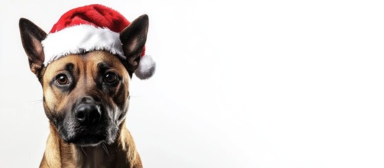 Obraz premium Festive dog in a Santa hat showcasing holiday spirit against a clean white background perfect for seasonal marketing and promotions