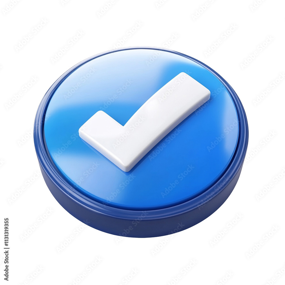Poster 3d rendered blue button with white check icon on transpsrent background