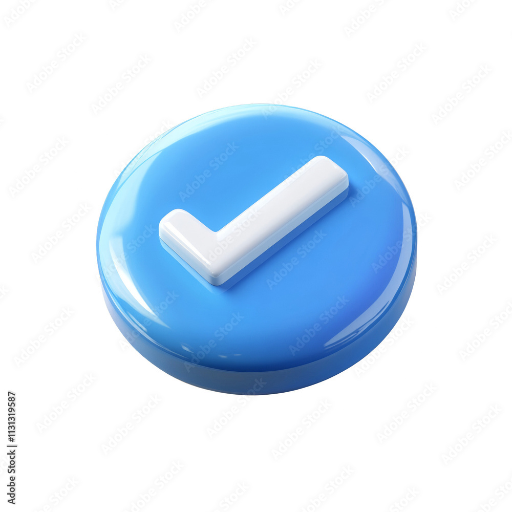 Poster 3d rendered blue button with white check icon on transpsrent background