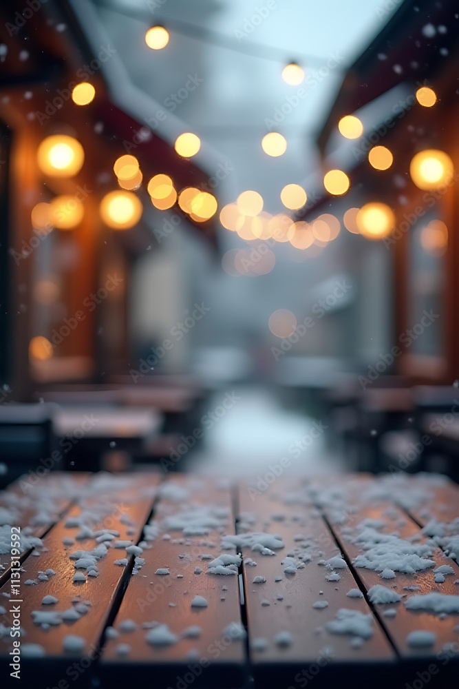 Poster a serene wooden table top stands empty amidst a winter wonderland scene of gentle snowfall and soft 