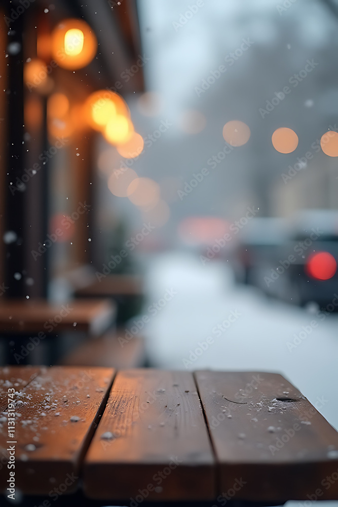 Poster a serene wooden table top stands empty amidst a winter wonderland scene of gentle snowfall and soft 